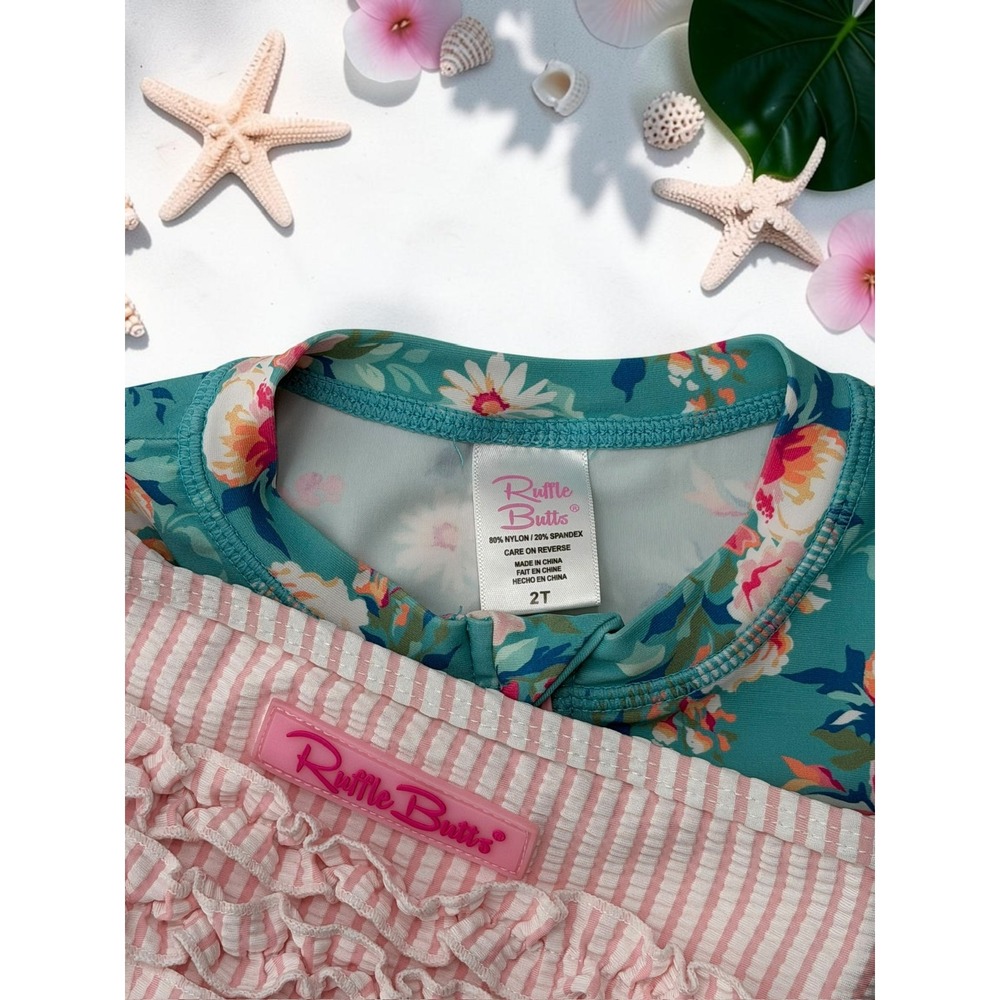 RuffleButts Floral Rash Guard Seersucker Ruffle Swimwear Set 2T